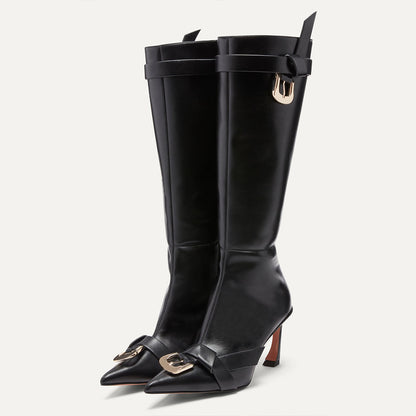 Pointy Toe Sculptural Heel Buckle Knotted Knee High Boots in Black