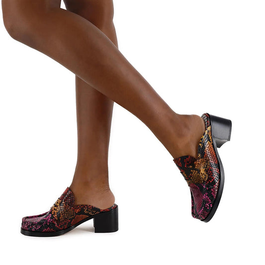 Women's Classic Snakeskin Vintage Round Toe Block Heel Mules Shoes