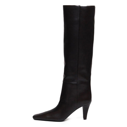 Simple Black Square Toe Cone Heel Vegan Leather Knee High Boots