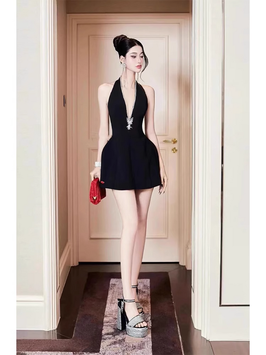New Fashion Black V-neck Halter Dress Design A-line Party Dress Homecoming Dress TP3847