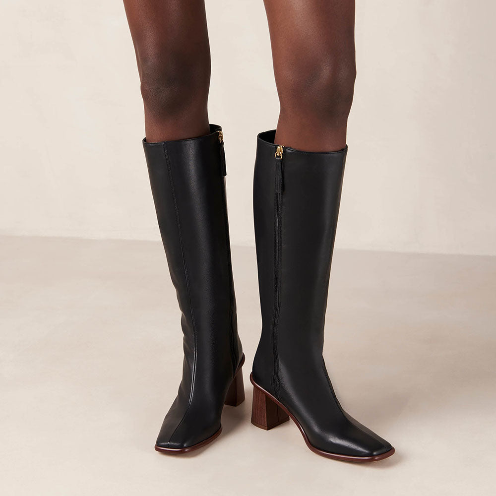 Black Vegan Leather Square Toe Chunky Heel Side-Zip Knee High Boots