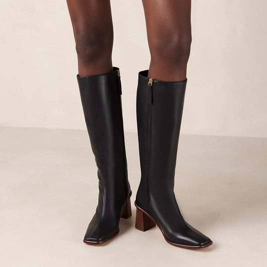 Black Vegan Leather Square Toe Chunky Heel Side-Zip Knee High Boots
