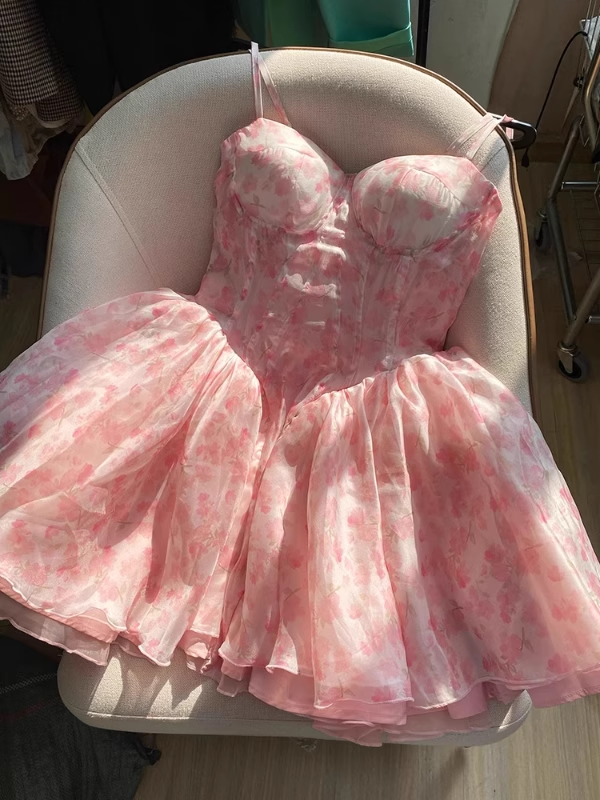 Fashion Pink Sweetheart Floral Spaghetti Strap Design A-line Chiffon Party Dress Homecoming Dress TP3825