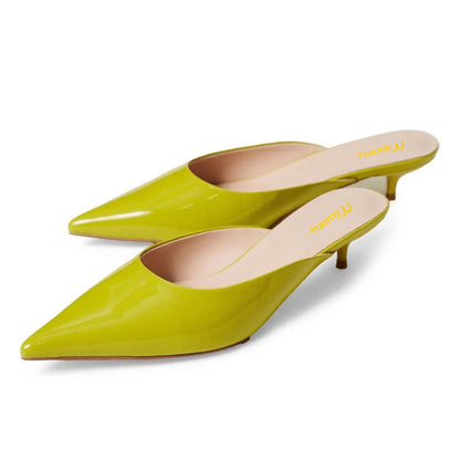 Women's Lemon Green Vegan Leather Low Heel Pointy Toe Mules Shoes