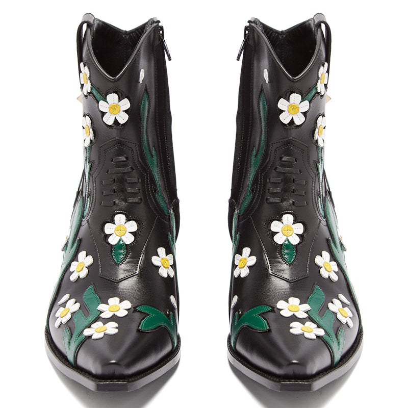 Black Snip Toe Cowgirl Ankle Boots with Zipper and Flower Inlay