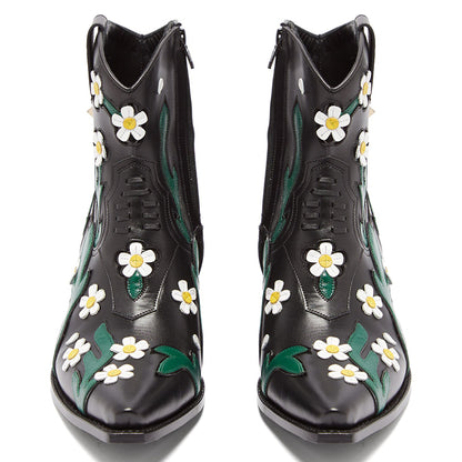 Black Snip Toe Cowgirl Ankle Boots with Zipper and Flower Inlay