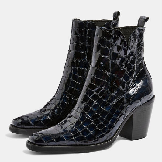 Black Croco Embossed Block Heel Ankle Boots