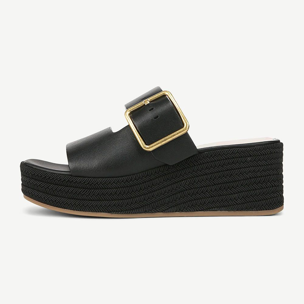 Open Square Toe Buckle Strap Woven Wedge Heel Black Platform Sandals