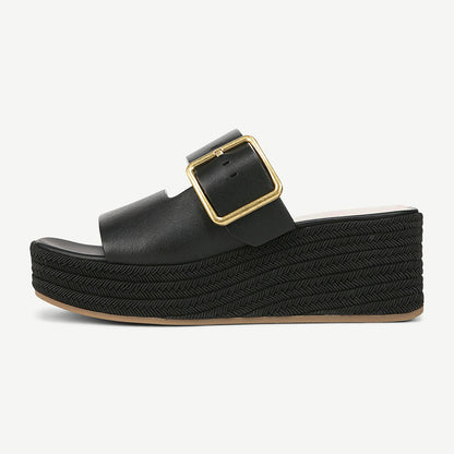 Open Square Toe Buckle Strap Woven Wedge Heel Black Platform Sandals