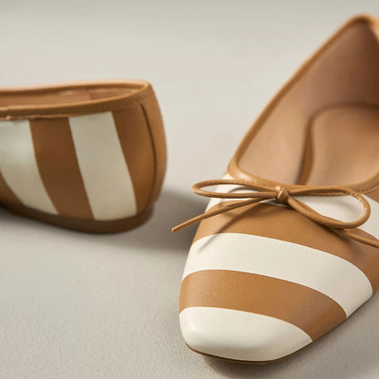 Women's White & Tan Stripe Square Toe Bow Slip-On Flats