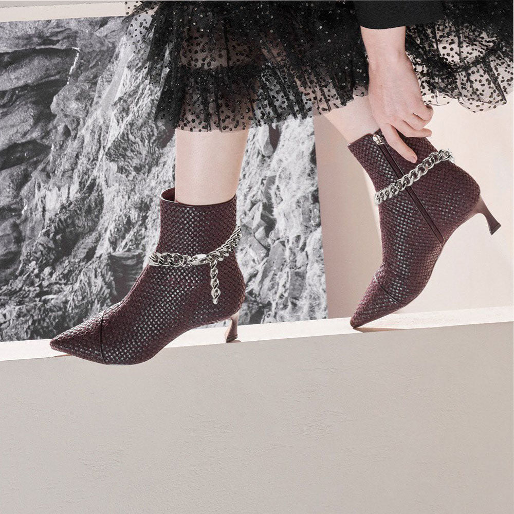 Women's Brown Woven Pointed Toe Low Heel Ankle Boots with Metal Chain