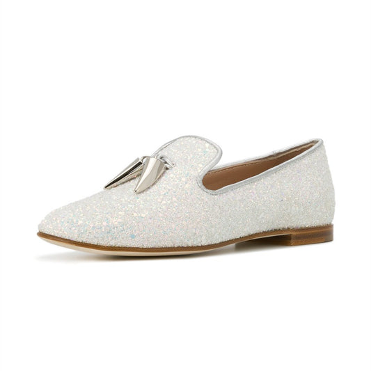 White Round Toe Comfortable Flats Glitter Loafers for Women