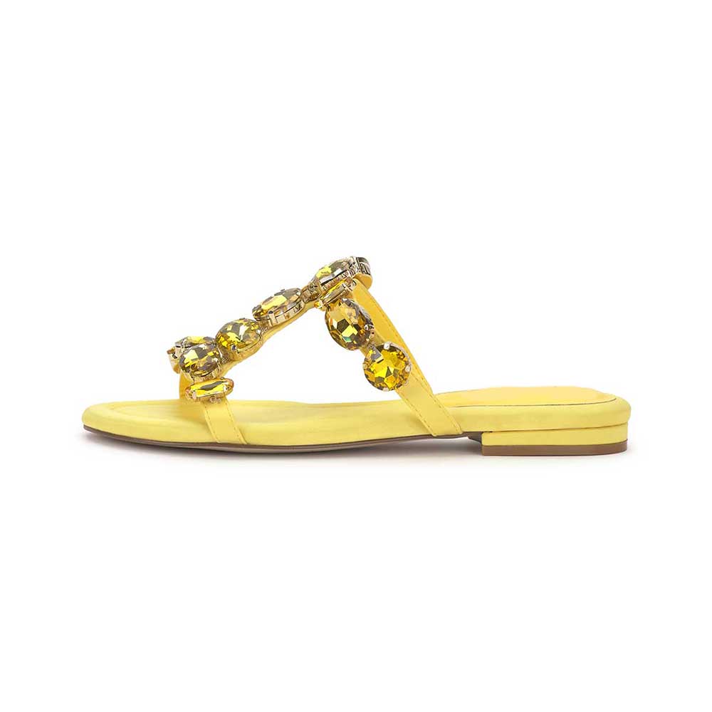 Yellow Vegan Leather Round Toe Flat Rhinestone Strappy Slippers
