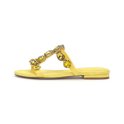 Yellow Vegan Leather Round Toe Flat Rhinestone Strappy Slippers
