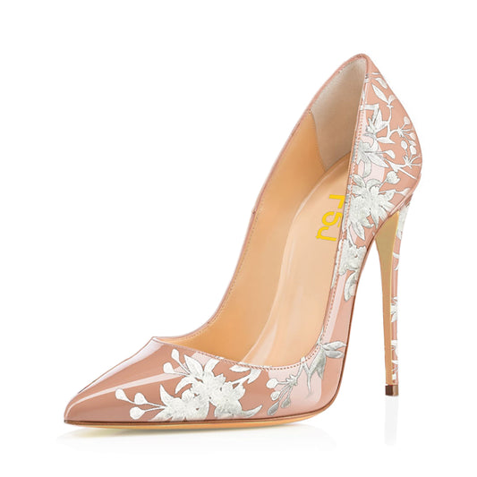 Women's Elegant Blush Patent Leather Pointed Toe Floral Pumps Heels