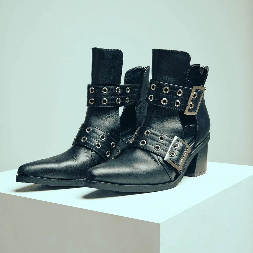 Black Mid Block Heel Cut-Out Pointed Toe Buckle Ankle Boots for Women