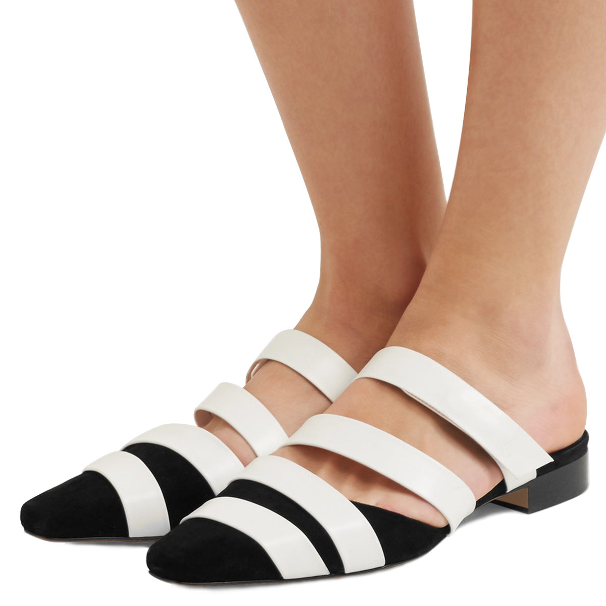 Women's White and Black Comfortable Flats Strappy Mules Sandals