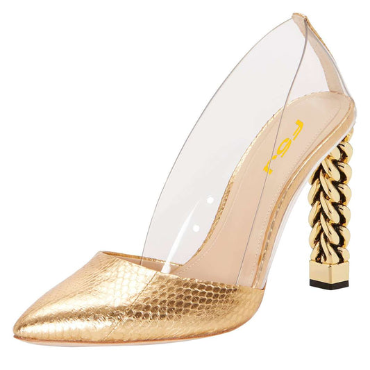 Women's Gold transparent PVC Chunky Heels Pumps by FSJ