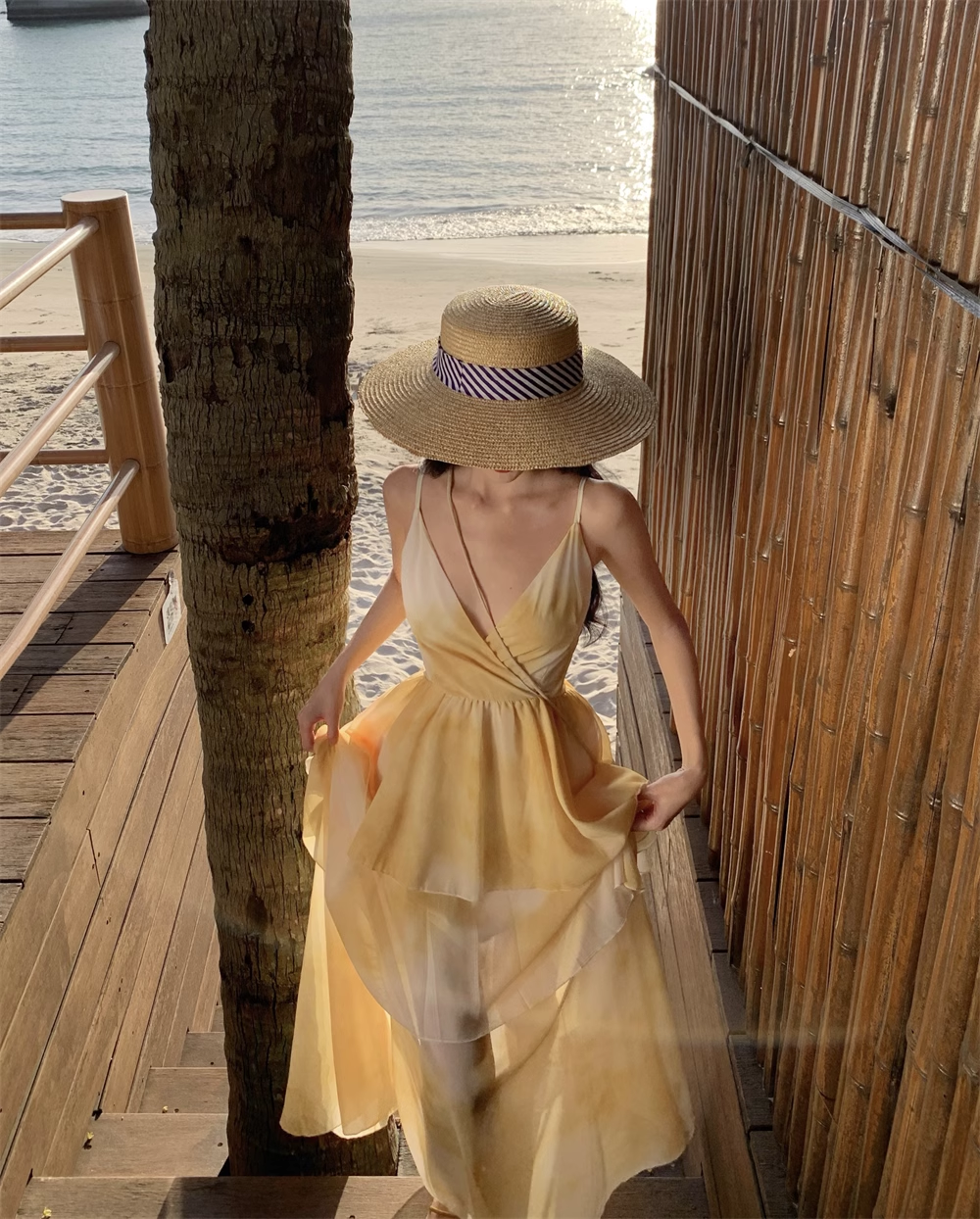 New Simple Yellow Floral Design A-Line Beach Holiday Spaghetti Strap Dress TP3031