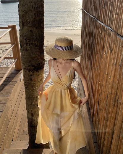 New Simple Yellow Floral Design A-Line Beach Holiday Spaghetti Strap Dress TP3031