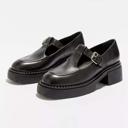 Black  T-strap Shoes With Platform Chunky Low Heel Loafers