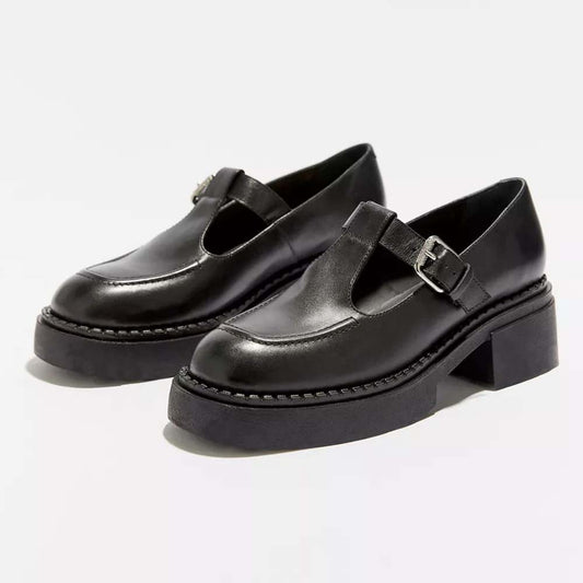 Black  T-strap Shoes With Platform Chunky Low Heel Loafers