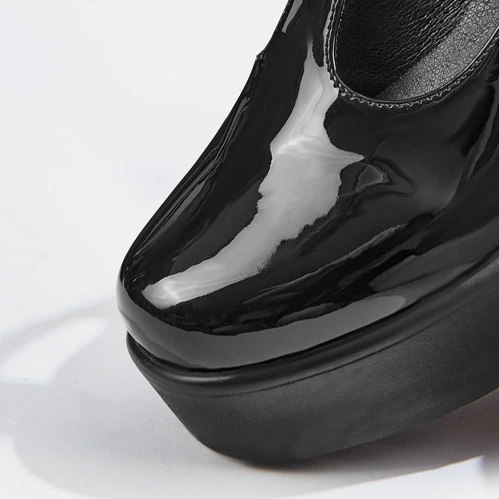 Black Patent Leather Closed Toe Chunky Heel T-Strap Platform Loafers