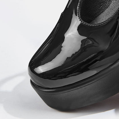 Black Patent Leather Closed Toe Chunky Heel T-Strap Platform Loafers