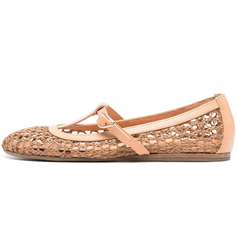 Nude Vegan Leather Round Toe Flat T-Strap Woven Ballet Shoes