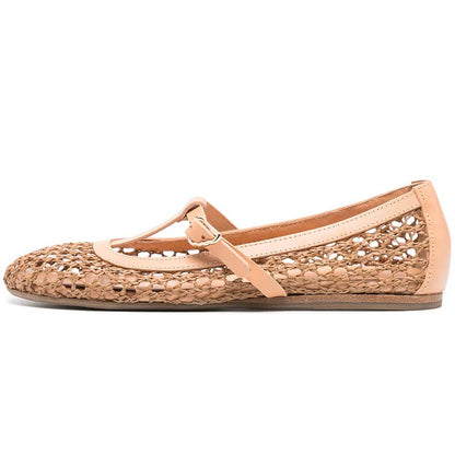 Nude Vegan Leather Round Toe Flat T-Strap Woven Ballet Shoes