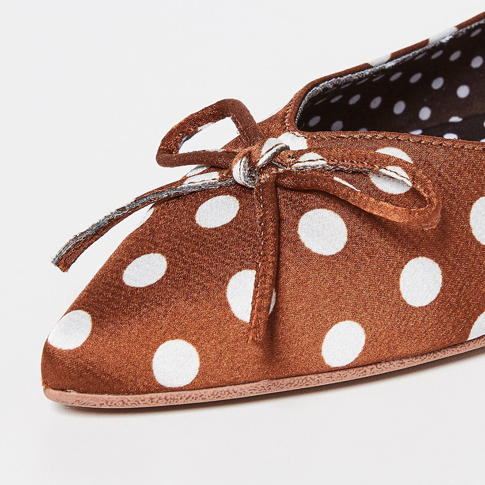 Brown Satin Pointy Toe Polka Dot Bow Flats for Women