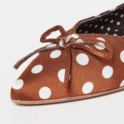 Brown Satin Pointy Toe Polka Dot Bow Flats for Women