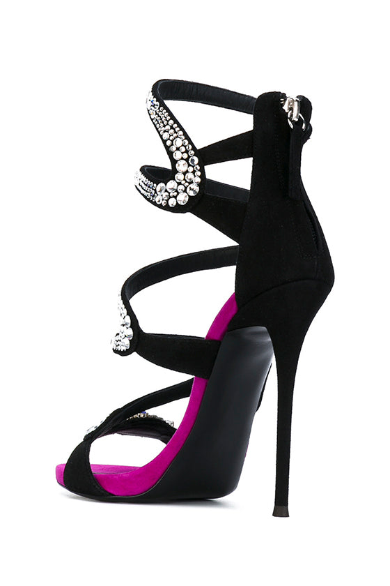 Black & Fuchsia Vegan Suede Rhinestone Snake Strappy Stiletto Heels
