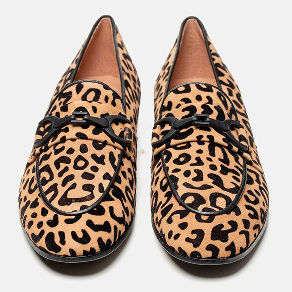 Brown Faux Suede Round Toe Elegant Leopard Flat Loafers