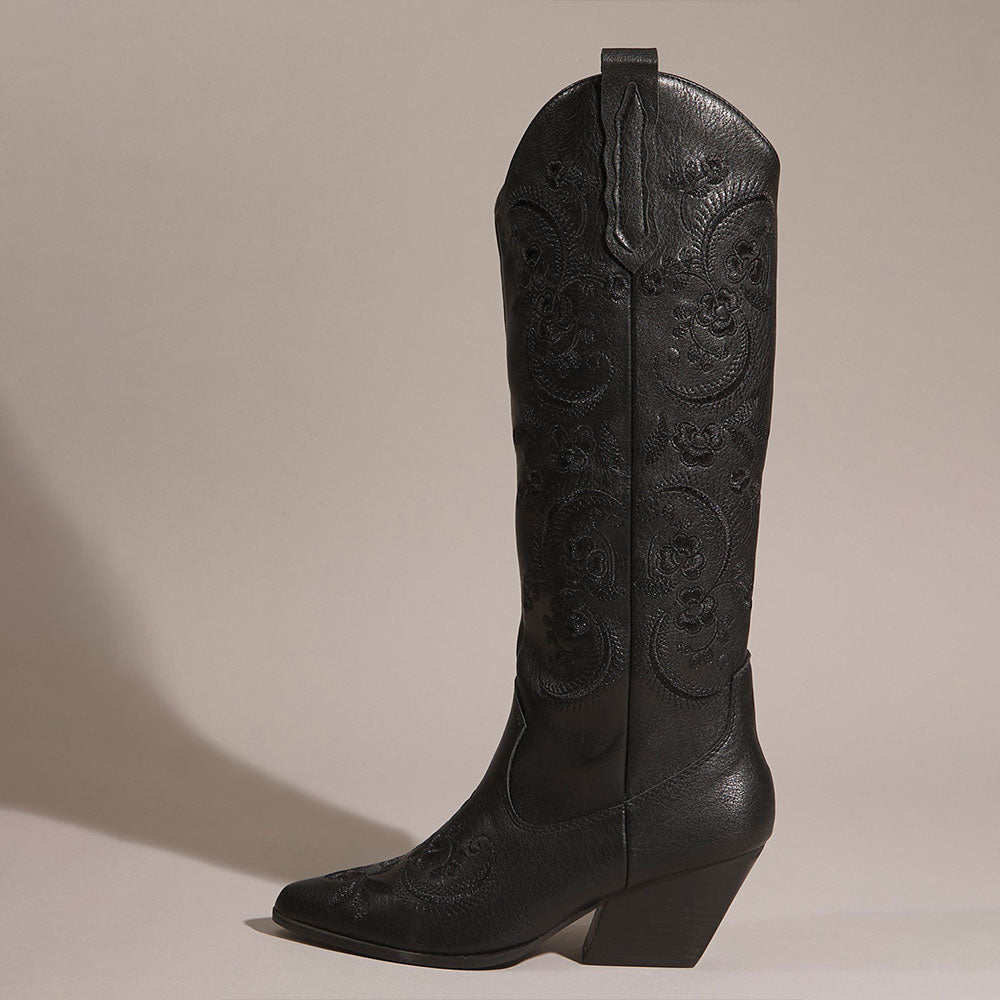 Black Snip Toe Chunky Heel Floral Embroidered Knee High Cowgirl Boots