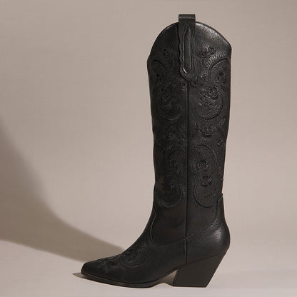 Black Snip Toe Chunky Heel Floral Embroidered Knee High Cowgirl Boots