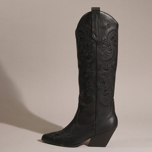 Black Snip Toe Chunky Heel Floral Embroidered Knee High Cowgirl Boots