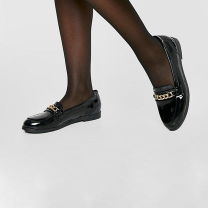 Black Patent Leather Loafers Lug Sole With Chain Decor Flats