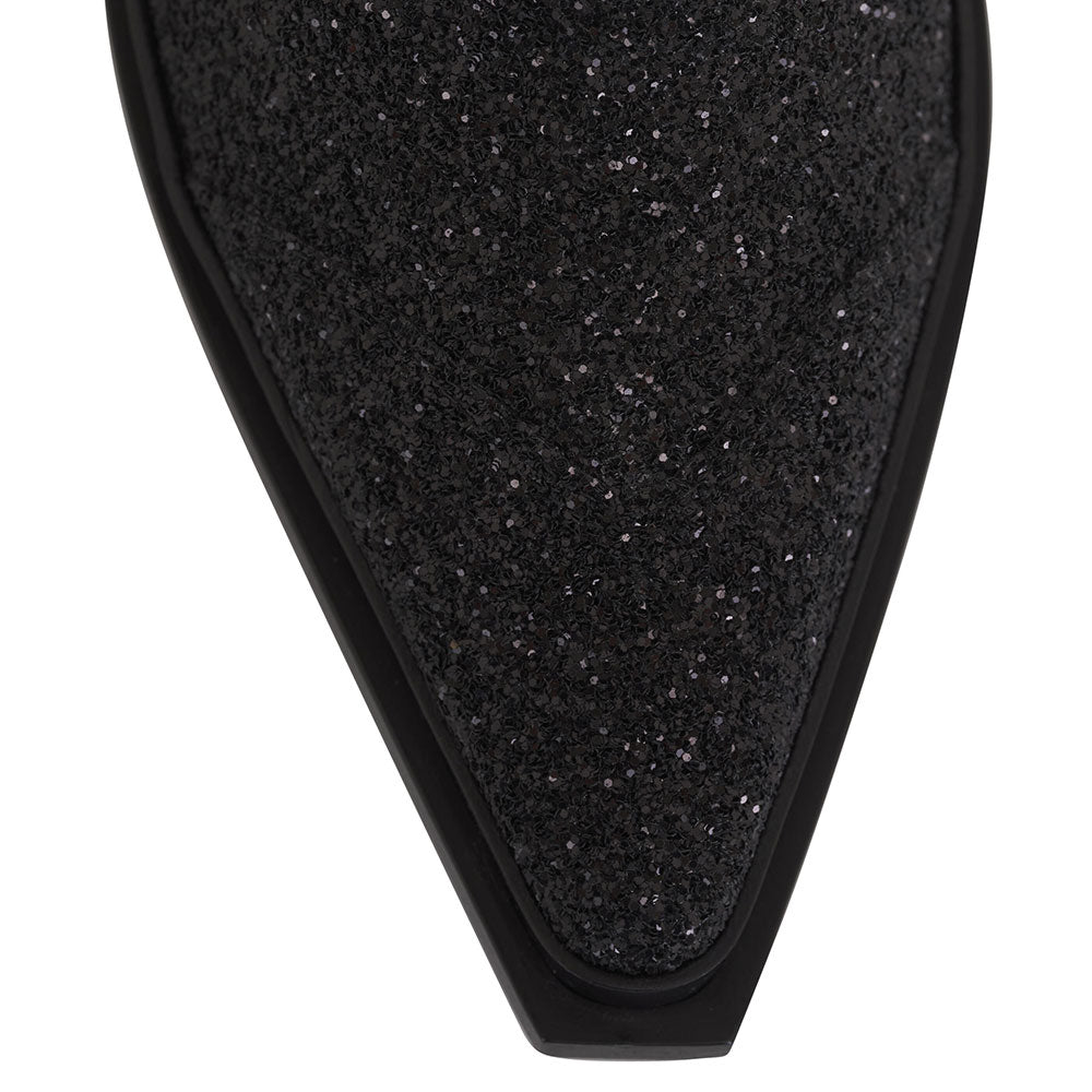 Black Glitter Snip Toe Side-Zipped Block Heel Ankle Boots for Women