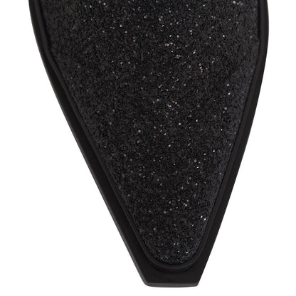 Black Glitter Snip Toe Side-Zipped Block Heel Ankle Boots for Women