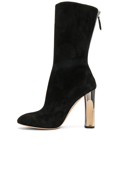 Black Vegan Suede Chunky Heel Mid Calf Boots with Zipper