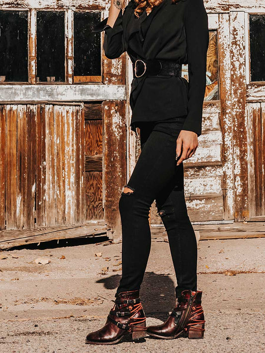 Brown Distressed Vegan Leather Round Toe Buckled Strappy Black Lacing Side-Zipper Ankle Boots With Chunky Heels