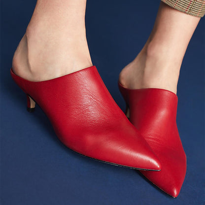 Women's Red Pointed Toe Slip-On Kitten Heel Mules for Women