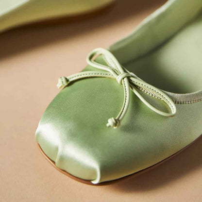 Green Satin Closed Square Toe Bow Slip-On Ballet Flats