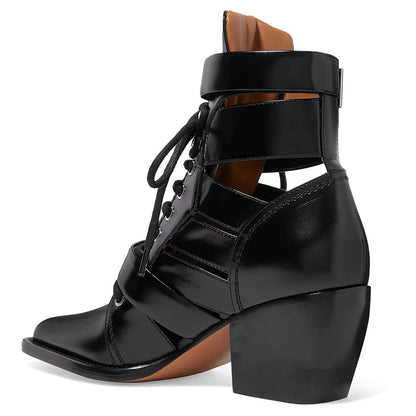 Black Gladiator Lace-Up Buckle Strap Pointed Toe Cut-Out Ankle Boots