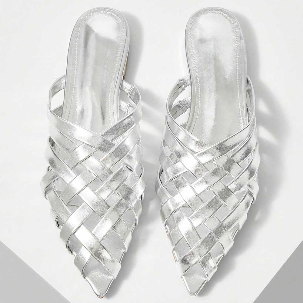 FSJ Metallic Finish Woven Pointed Toe Silver Flat Mules Shoes