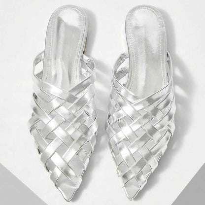 FSJ Metallic Finish Woven Pointed Toe Silver Flat Mules Shoes