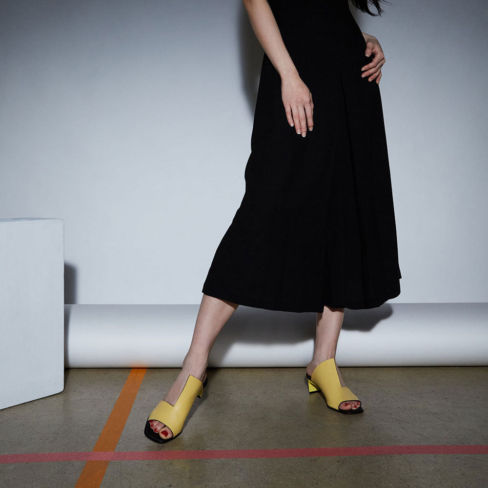 Yellow Open Square Toe Chunky Heel Mules Shoes with Asymmetric Vamp