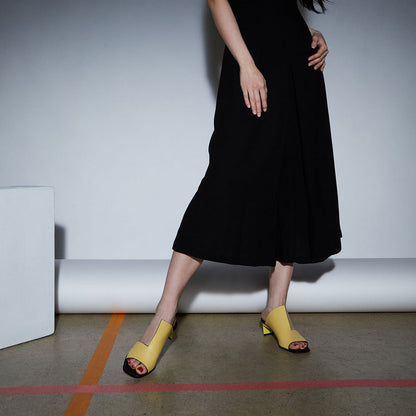 Yellow Open Square Toe Chunky Heel Mules Shoes with Asymmetric Vamp
