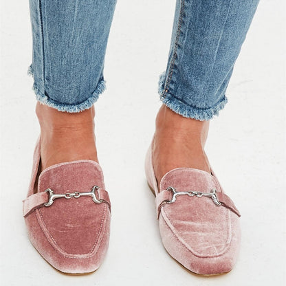 Pink Velvet Square Toe Horsebit Flats Women's Loafers